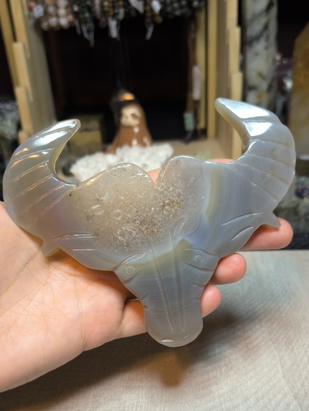 #75 Polished Gray Agate Bull Crystal Carving